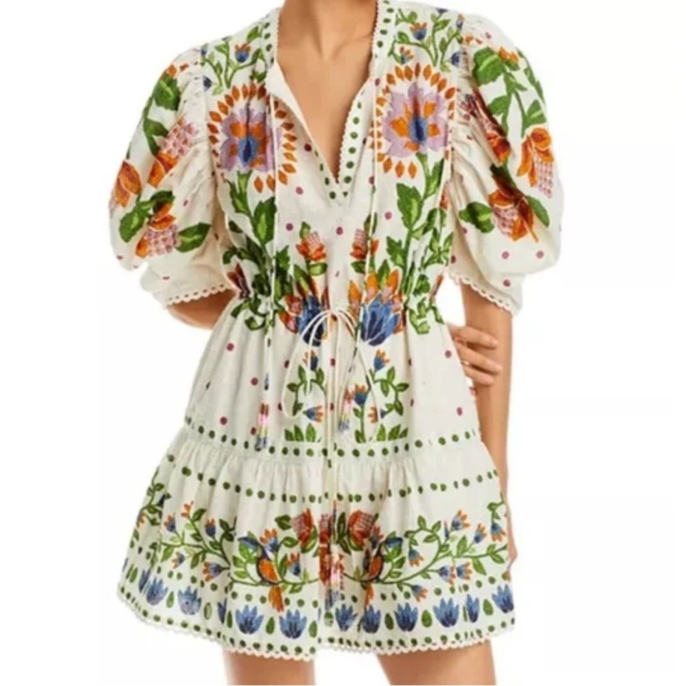 FARM Rio Dresses | Embroidered White Puff Sleeve A-Line Summer Vacation Dress